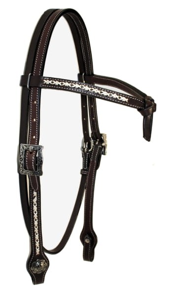 Ogłowie western futurity biały haft plecionka wzór cross — ciemna olejowana skóra, srebrne klamry arabeska, concha kwiatowa, rozmiar COB — HorsePassion.pl