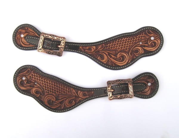 Paski do ostróg western — ciemna skóra chocolate, basket + flower scrollwork, miedziana grawerowana klamra