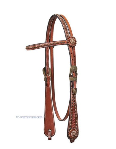 Ogłowie western Horseman's Tack prosty naczółek — skóra harness natural, miedziane dots na naczółku i policzku, kwiatowa concha antyczne złoto, ozdobne klamry arabeska — rozmiar COB — HorsePassion.pl