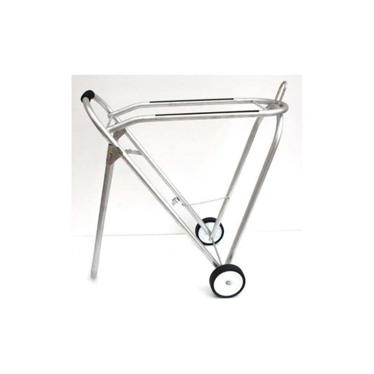 Wózek caddy mobilny na siodło Equi — rama aluminiowa, dwie tylne nogi stabilizujące, małe twarde koła z białymi felgami, czarna nakładka ochronna, składany