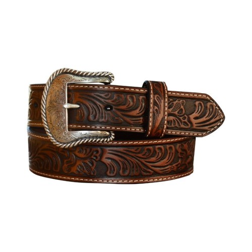 Pasek western skórzany toolowany floral — ciemnobrązowa skóra z głębokim reliefem floral scrollwork, srebrna klamra z grawerem rope edge, białe przeszycie, srebrna końcówka