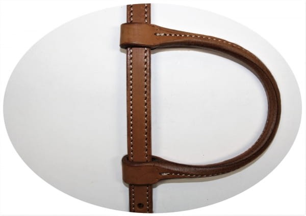 Zbliżenie formowanej pętli usznej ogłowia western one ear Hermann Oak — D-kształt szyty, skóra miodowa natural, białe przeszycia — HorsePassion.pl