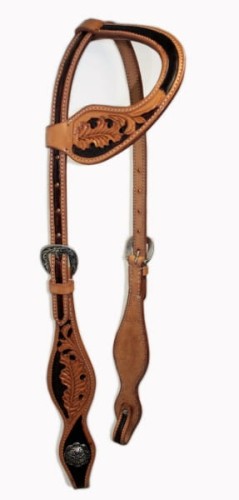 Ogłowie western jedno ucho Equi SHOW COB — dwukolorowe tan i czarne, oak leaf tooling, antyczna klamra i concho