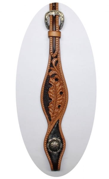 Bit end ogłowia Equi SHOW — shaped overlay, oak leaf tooling, czarny inlay, antyczne okrągłe concho