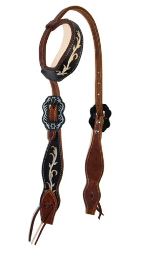 Ogłowie western jedno ucho Equi COB — dwukolorowe brązowo-czarne, haft vine, ozdobne klamry cart-style