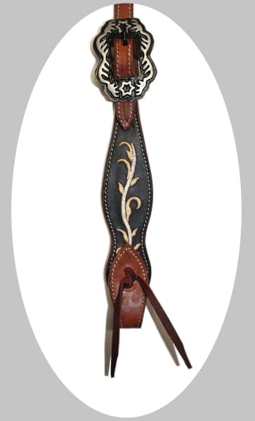 Bit end ogłowia Equi — czarna skóra z haftem, duża klamra cart ozdobna czarno-srebrna