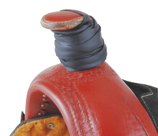 Guma na horn dally wrap — czarna gumowa opaska owinięta ciasno wokół hornu siodła westernowego z tłoczeniem basket