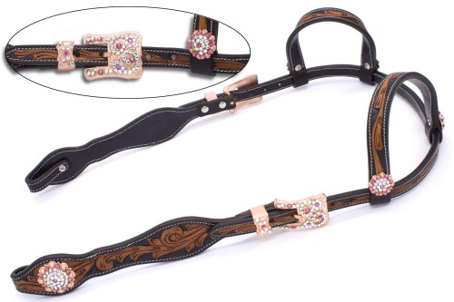 Ogłowie western two ear dwukolorowe LpTrick SHOW — espresso + kasztan floral tooling, rose gold klamra z kryształkami AB różowe, kwiatowe conche rose gold, białe przeszycia COB — HorsePassion.pl