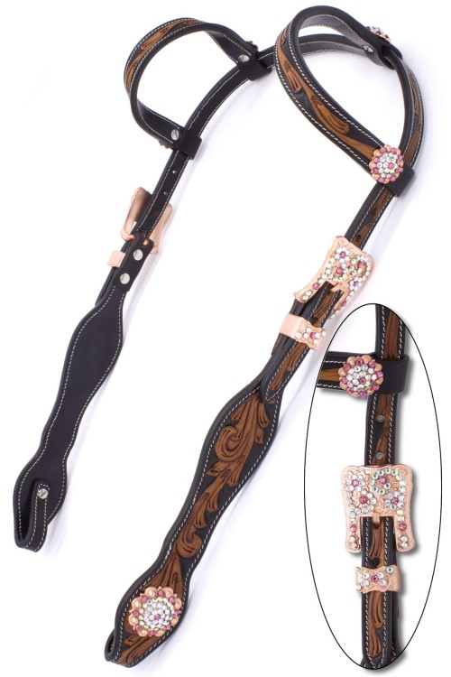 Ogłowie western two ear LpTrick show — clip szybkiej wymiany rose gold, kwiatowa concha z kryształkami AB i różowymi, scalloped końcówka policzka — HorsePassion.pl