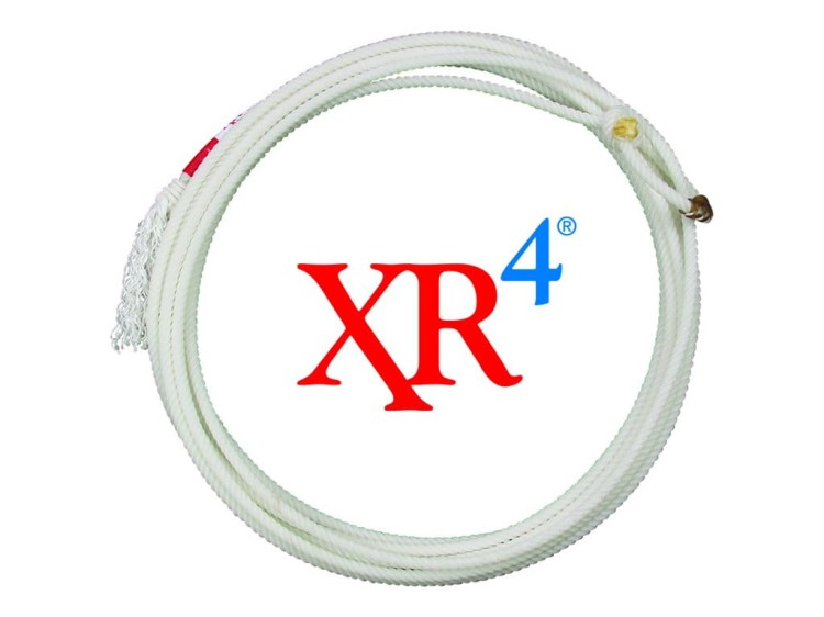 Lasso Classic Equine XR4 białe — zwinięte, logo XR4, 4-splotowa konstrukcja z metalową hondą