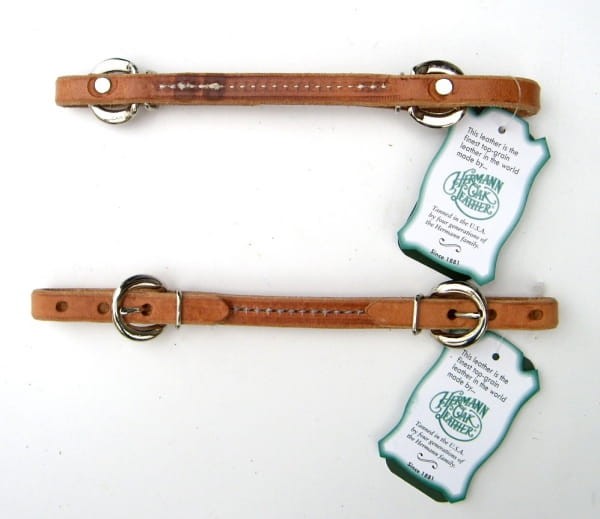 Pasek pod czankę BCL szyty Equi — skóra Hermann Oak natural tan z etykietą, O-ringi srebrne, białe przeszycia krawędziowe