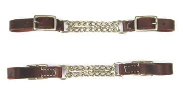 Łańcuszek curb chain EE Tack podwójny — skóra latigo ciemna dark russet, prostokątna srebrna klamra, podwójny łańcuch stalowy