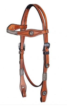 Ogłowie western XL skóra harness natural naczółek lace-cut — duże owalne antyczne conche srebrne na naczółku i policzku, antyczne klamry, białe przeszycia — Western Imports — HorsePassion.pl