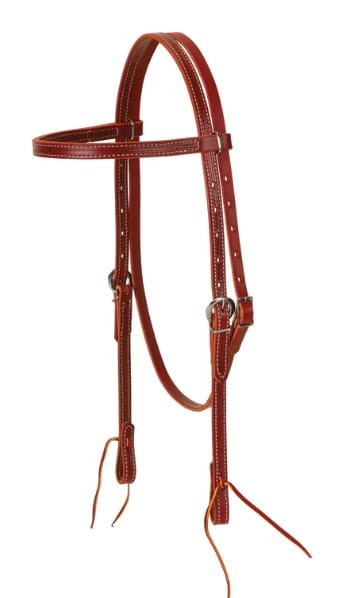 Ogłowie western skóra latigo Weaver bordowy — prosty naczółek 5/8" flat browband, niklowane klamry, białe przeszycia, końcówki latigo — ogłowie do codziennej jazdy — HorsePassion.pl