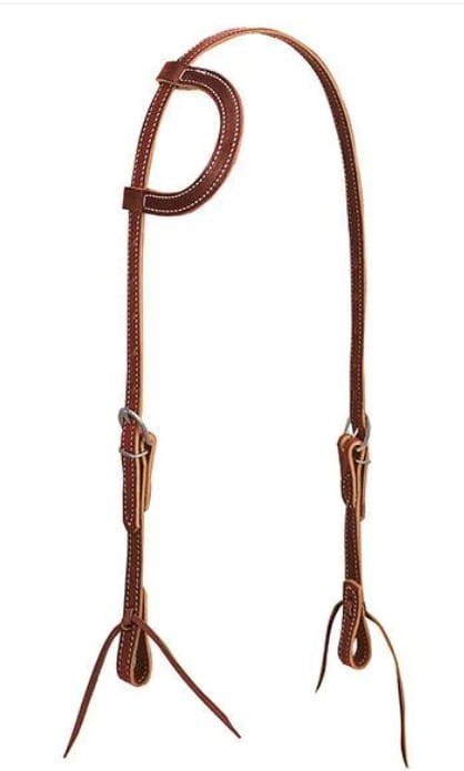 Ogłowie western one ear przesuwane ucho Weaver latigo kasztan 5/8" — dwie sprzączki niklowane, laced loops przy wędzidle, białe przeszycia, rozmiar COB — HorsePassion.pl
