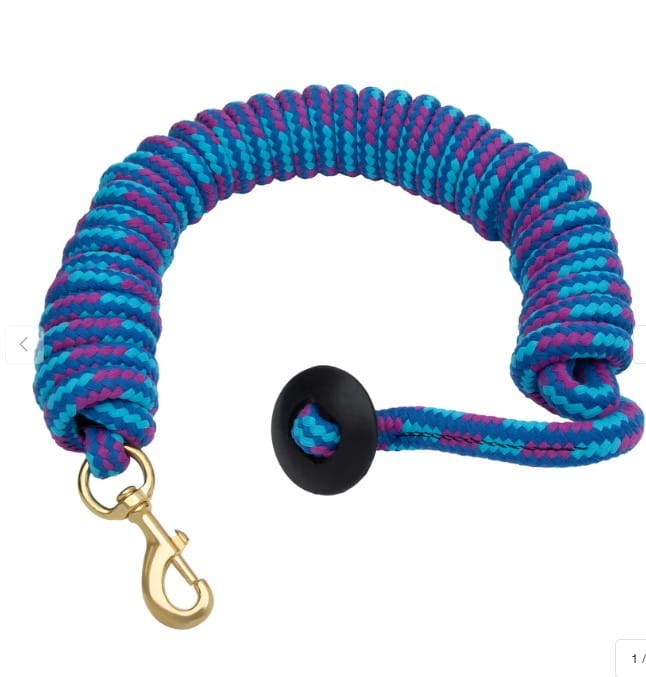 Lonża bawełniana Weaver 3/4" x 25 ft wielokolorowa niebieski/fiolet/turkus — gumowy stopper, mosiężny karabińczyk — HorsePassion.pl