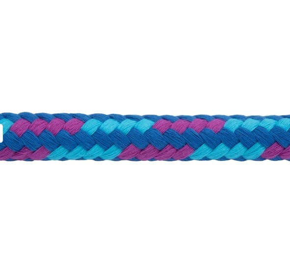 Lonża bawełniana Weaver — zbliżenie trójkolorowego splotu niebieski/fiolet/turkus 3/4"