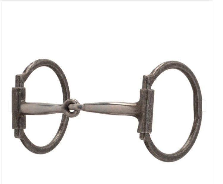 Wędzidło Snaffle D-Ring Weaver 5" — ścięgierz sweet iron srebrny, czarne antyczne D-ringi solid cheek, pojedynczo łamany