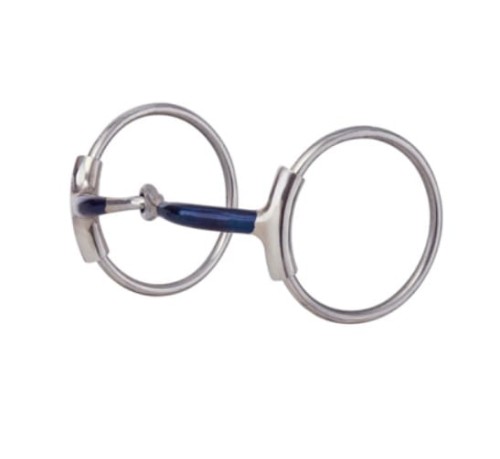Snaffle Bit AHE D-Ring 5" — niebieski ścięgierz blue steel (blued sweet iron), solid cheek, lusterkowane D-ringi stal nierdzewna