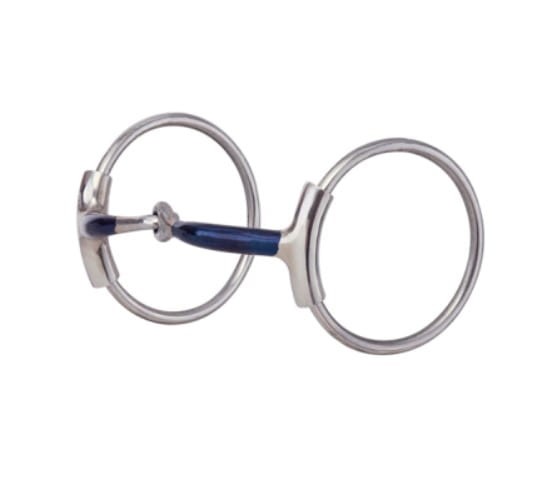 Snaffle Bit AHE D-Ring 5" — niebieski ścięgierz blue steel (blued sweet iron), solid cheek, lusterkowane D-ringi stal nierdzewna