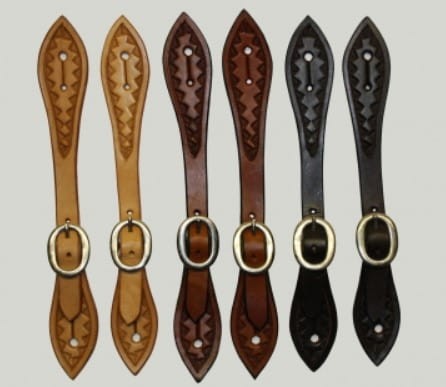 Paski do ostróg western wąskie aztec — 3 pary w kolorach jasny tan, kasztan, ciemny, mosiężna klamra