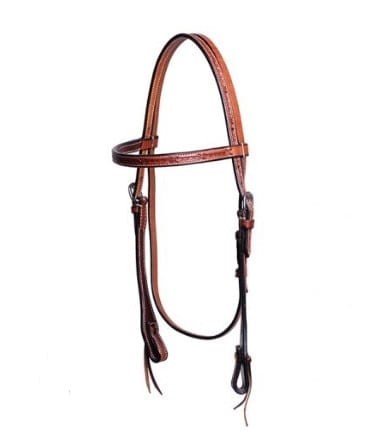 Ogłowie western PROLINE wire tooling kasztan — prosty naczółek z wzorem splecionych ogniw, srebrne klamry, loops tie ends, białe przeszycia, rozmiar COB — Western Imports — HorsePassion.pl