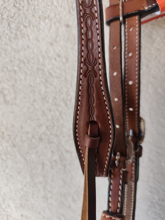 Policzek ogłowia western PROLINE wire tooling — wzór chain link wzdłuż paska, Spanish-cut końcówka z loops, srebrne klamry — HorsePassion.pl