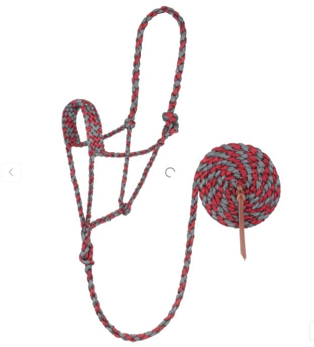 Kantar sznurkowy Weaver 35-7820 czerwono-szary z liną 3 m i skórzanym rzemykiem — widok całości zestawu