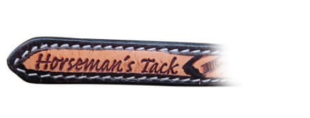 Off billet Horseman's Tack — wytłoczone logo na skórzanej wstawce, czarny wariant