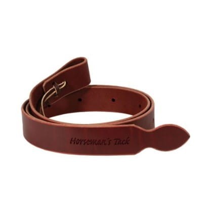 Pasek do popręgu tie strap latigo skórzany Horseman's Tack kasztanowy brąz 4,5 cm × 175 cm — logo wytłoczone, klamra metalowa, lewa strona siodła western — HorsePassion.pl