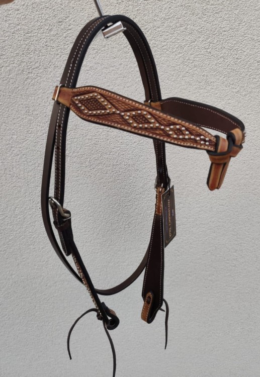 Ogłowie western show futurity knotted dwukolorowe espresso kasztan — naczółek basket weave romby srebrne perełki, loops wiązane, COB — Horseman's Tack Western Imports — HorsePassion.pl