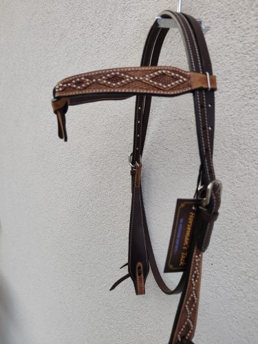 Ogłowie western futurity knotted show — widok z lewej strony, dwukolorowa skóra espresso i kasztan, naczółek z perełkami i rombowym tłoczeniem, COB — HorsePassion.pl