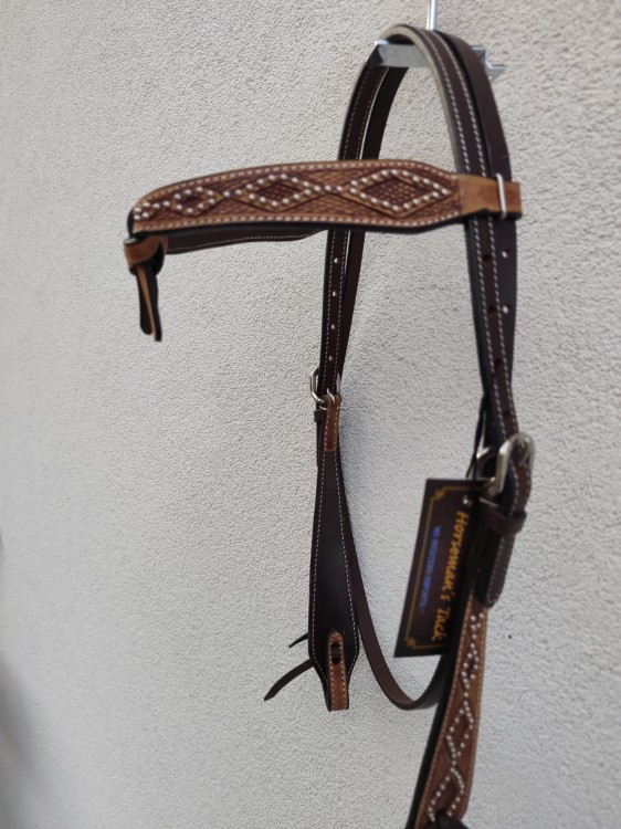 Ogłowie western futurity knotted show — widok z lewej strony, dwukolorowa skóra espresso i kasztan, naczółek z perełkami i rombowym tłoczeniem, COB — HorsePassion.pl