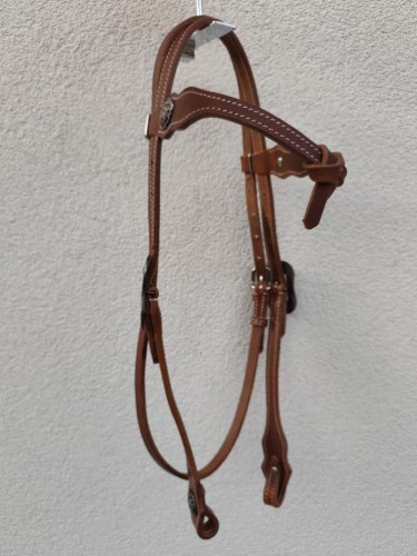 Ogłowie western PROLINE futurity knotted kasztan — concha z grawerowaną różą antyczne srebro, arabeska klamra, białe przeszycia, loops wiązane, COB — Western Imports — HorsePassion.pl