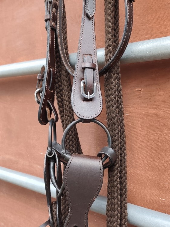Zbliżenie clip-klamry ogłowia ranczerskiego i pierścienia O-ring wędzidła snaffle sweet iron — ciemna skóra, plecione brązowe wodze — HorsePassion.pl