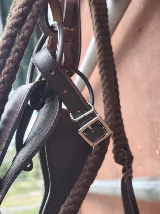 Zbliżenie kwadratowej srebrnej klamry ogłowia ranczerskiego western — ciemna skóra olejowana, białe przeszycia — HorsePassion.pl