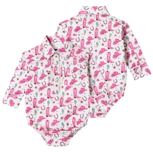 Body niemowlęce Stars & Stripes Cowgirl białe — różowy nadruk kowbojski kapelusze buty podkowy, kołnierzyk koszulowy, widok przód i tył