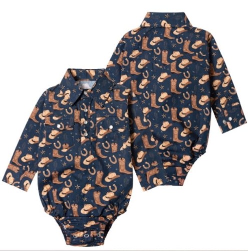 Body niemowlęce Stars & Stripes Cowboy granatowe — nadruk kowbojski kapelusze buty podkowy, kołnierzyk koszulowy, widok przód i tył