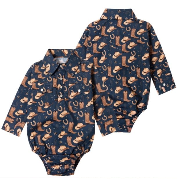 Body niemowlęce Stars & Stripes Cowboy granatowe — nadruk kowbojski kapelusze buty podkowy, kołnierzyk koszulowy, widok przód i tył