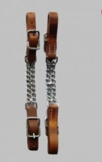 Łańcuszek curb chain EE Tack podwójny — skóra harness jasna natural tan, prostokątna klamra srebrna, podwójny łańcuch