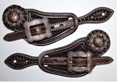Paski do ostróg western show zdobione ciemne tłoczenia miedziane concho ażurowa klamra — HorsePassion.pl