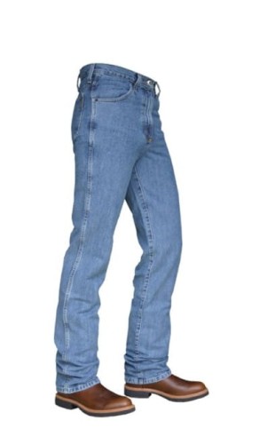 Jeansy westernowe męskie Cinch Bronze Label medium stonewash — slim fit tapered leg, widok z boku na kowbojkach