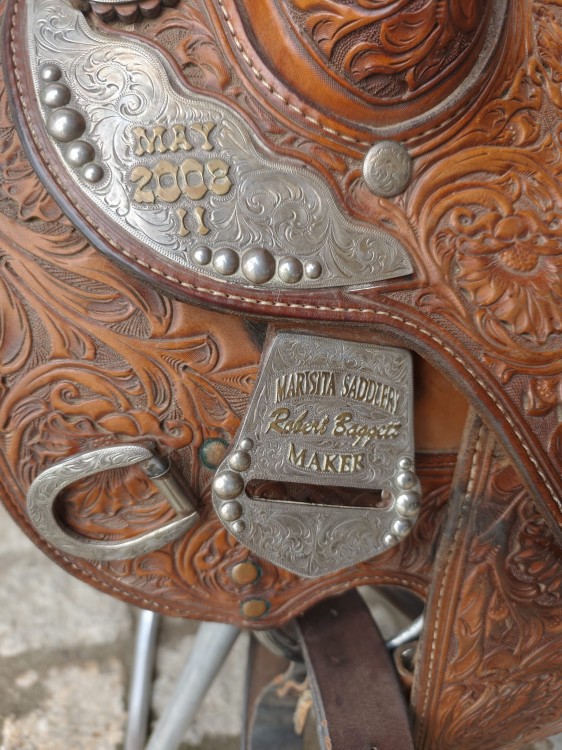 Stempel Marisita Saddlery Robert Baggett Maker, maj 2008 — blaszka zawodowa NRHA Open Champion