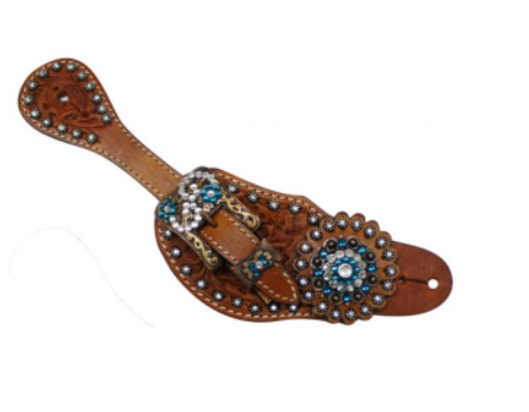 Paski do ostróg western show — kasztan antique, flower tooling, niebieskie cyrkonie w srebrnych rozetach