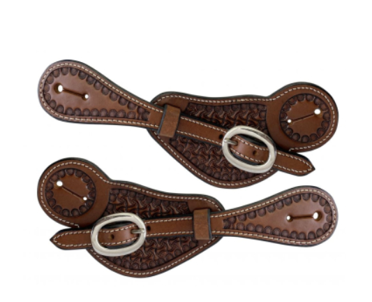 Paski do ostróg western Equi basket — skóra naturalna, basket tooling, scalloped border, srebrna klamra (kolor na zdjęciu ciemniejszy niż rzeczywisty)
