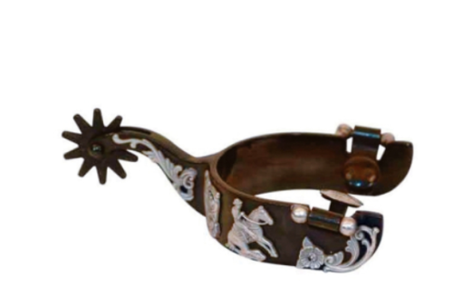 Ostrogi western Sliding Stop 3D antique brown, przestrzenne figurki jeźdźców western, rowel 12-ramienny czarny