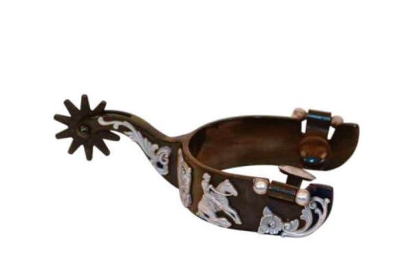 Ostrogi western Sliding Stop 3D antique brown, przestrzenne figurki jeźdźców western, rowel 12-ramienny czarny