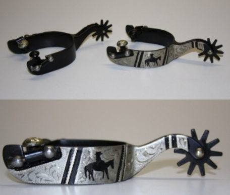 Ostrogi western Equi Pleasure para, czarna stal z srebrnymi pasami, sylwetka jeźdźca, rowel 12-ramienny