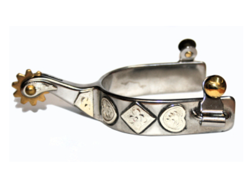 Detal: grawer karo i kier na klamrze - ostrogi western Equi, złote guziki mosiężne