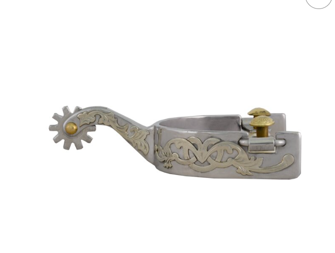 Ostrogi western Westernwelt srebrna stal, złoty scrollwork florystyczny, gal leg shank, rowel 8-ramienny